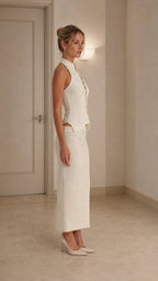 Side profile of model in ivory two piece matching set