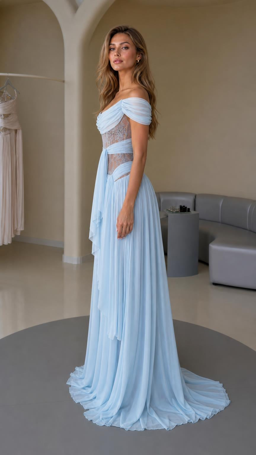 Side profile of light blue evening gown with draped chiffon