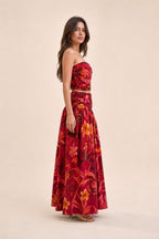 Model wearing red floral two piece set side view