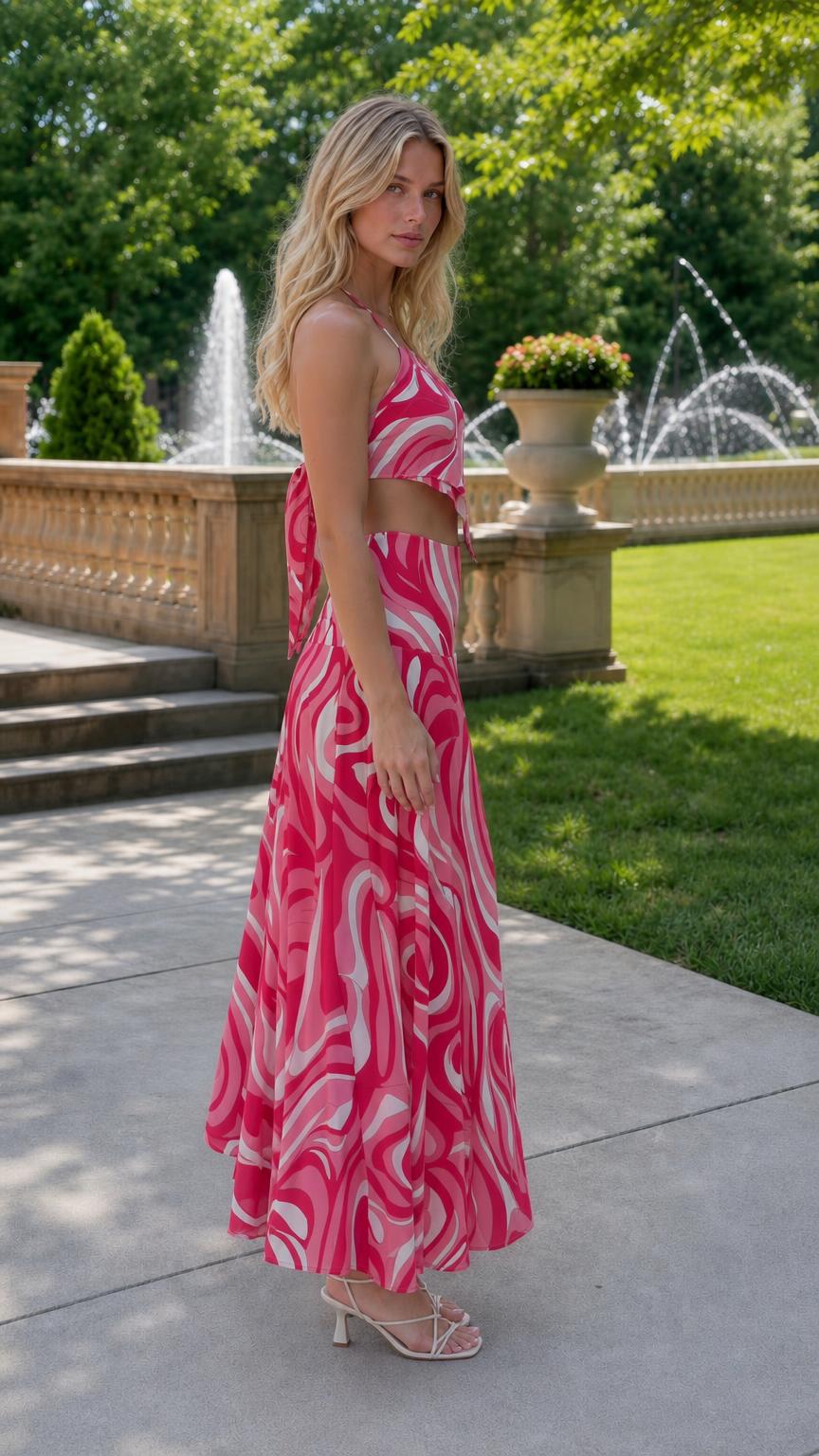 Side profile view of hot pink cutout maxi set