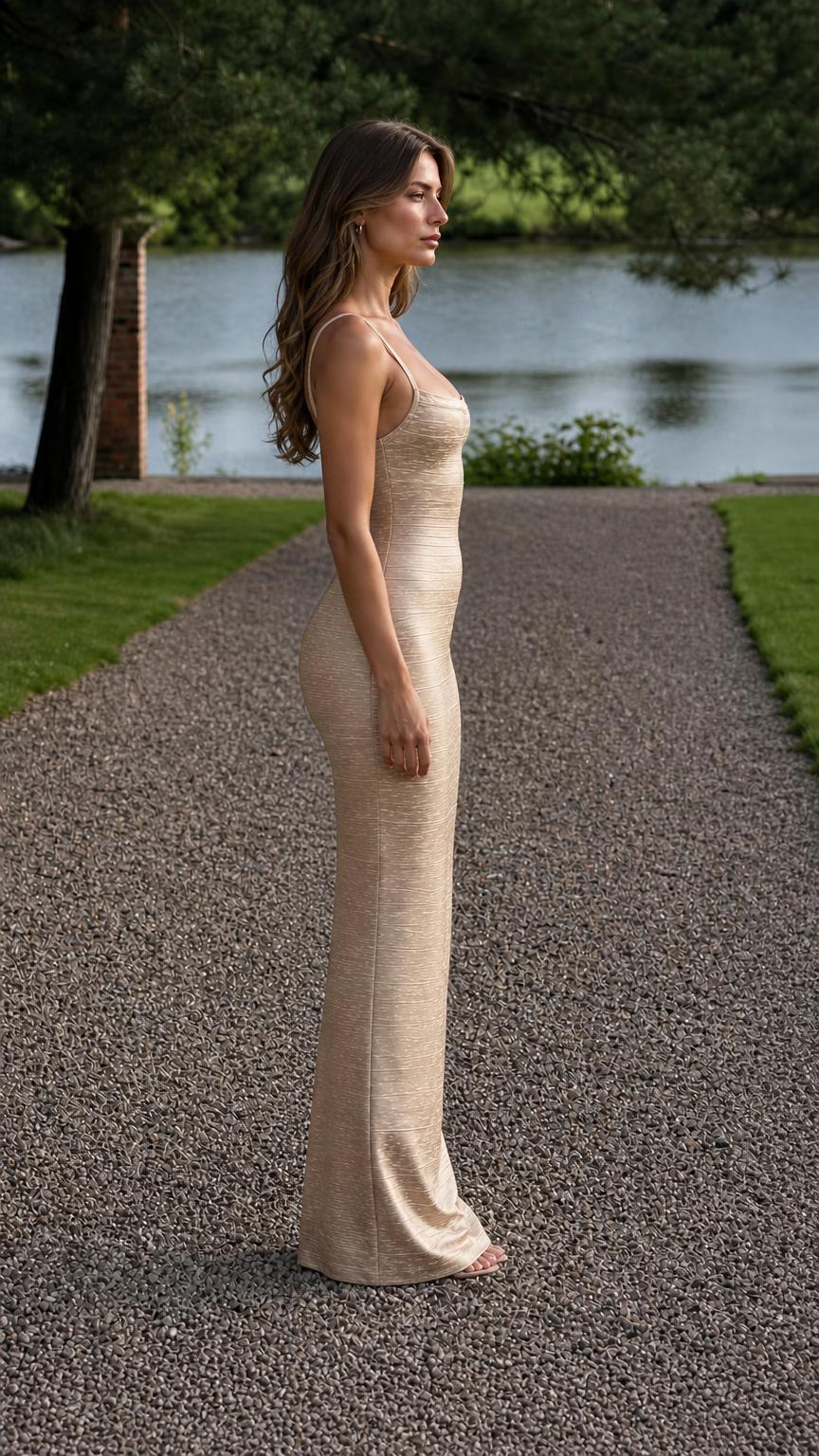 Side profile of model in champagne maxi dress outdoors