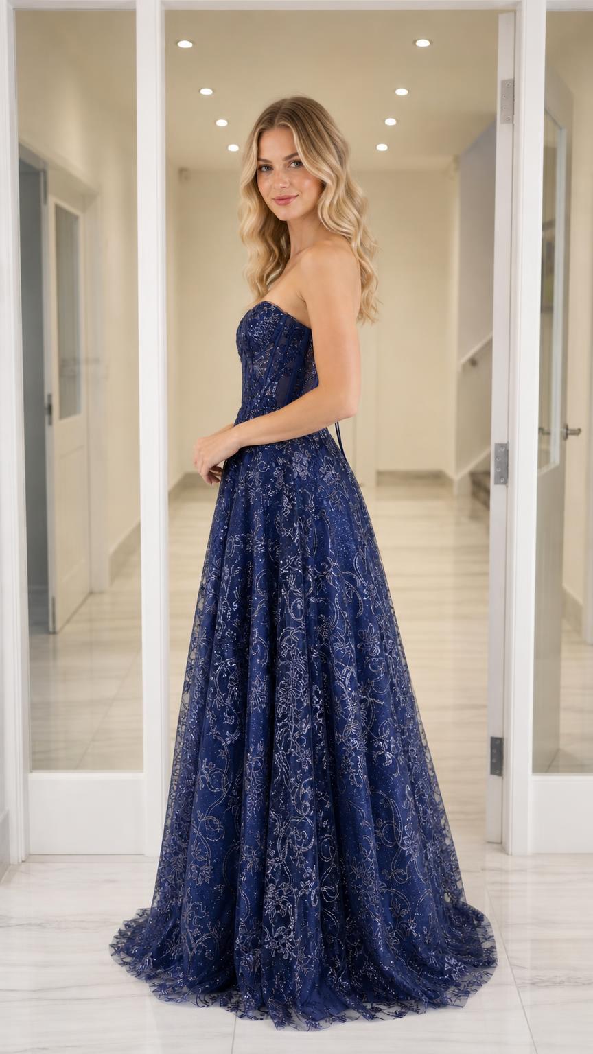 Side profile view of the navy blue strapless gown