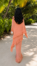 Peach textured maxi dress set with fringe poncho back view