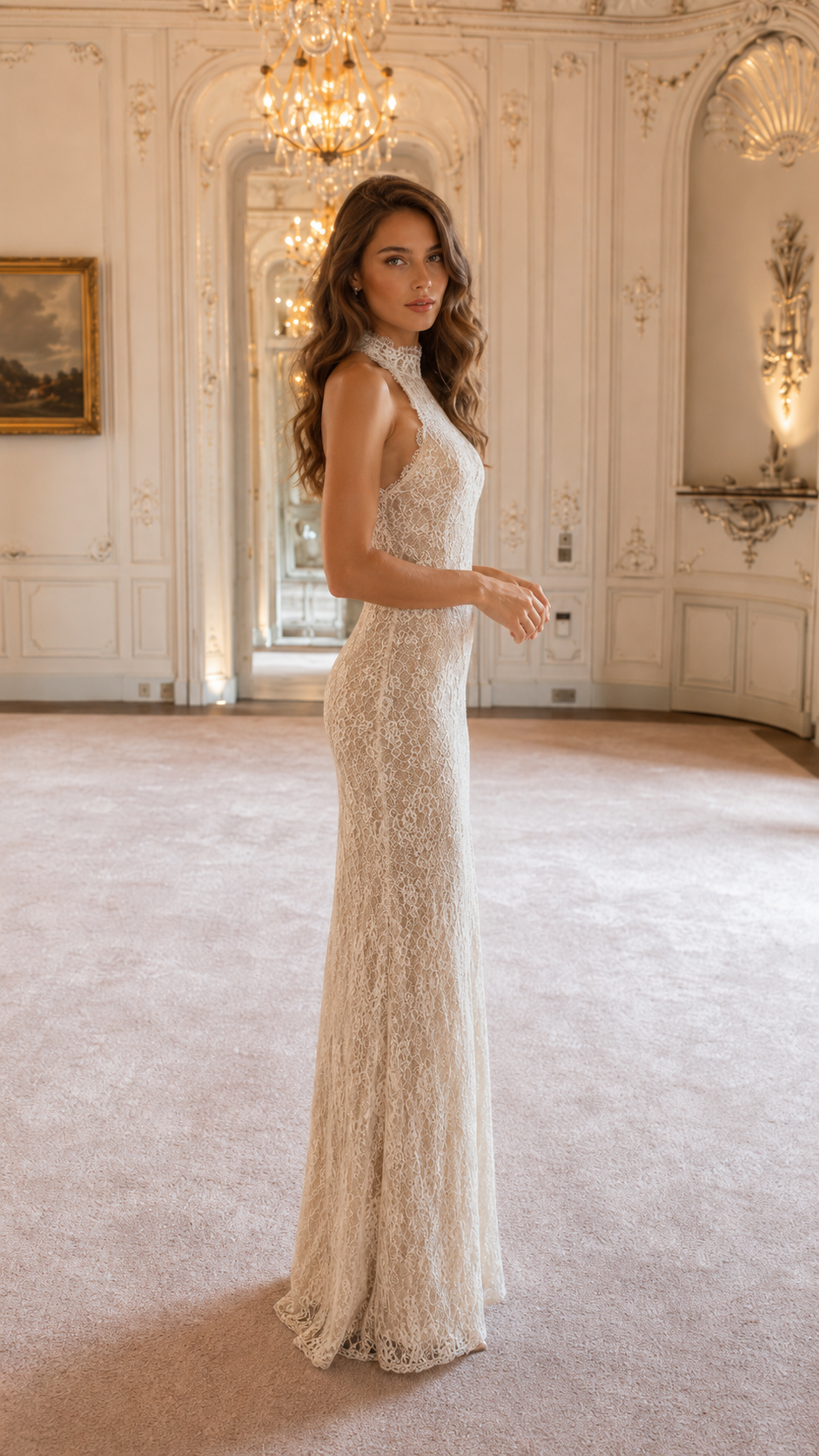 Side view of ivory fitted lace floor-length evening dress