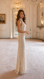 Side view of ivory fitted lace floor-length evening dress