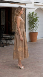Side view of model wearing khaki floral lace midi dress