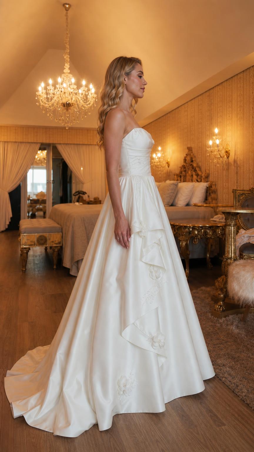 Side profile view of white evening gown