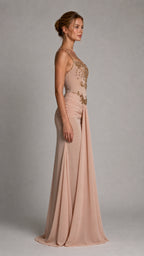 Side profile view of nude evening gown
