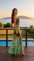 Side view of aqua spaghetti strap maxi dress with flowing printed skirt and slit