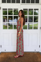 Floral Print Strapless Lace-Up Back Maxi Dress in Sage Green side view