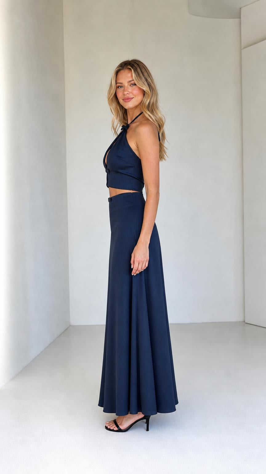 Side profile of model wearing navy two-piece satin set