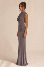 Side profile view of charcoal maxi dress