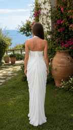 White pleated halter maxi dress with open back rear view