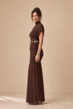 Side profile view of the brown mesh maxi dress