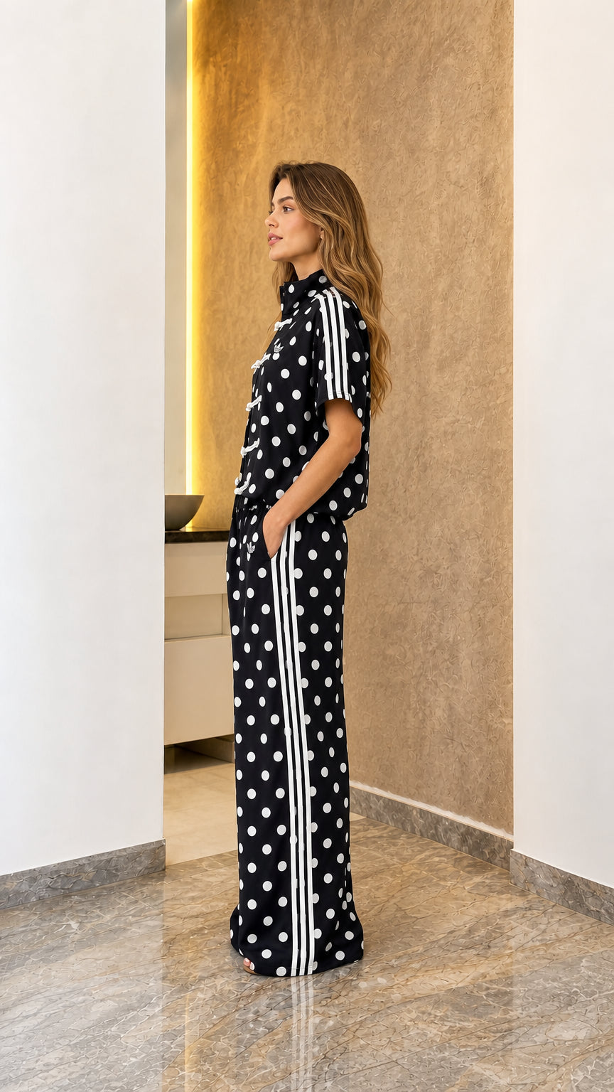 Model wearing black polka dot track set, side view