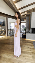 Model in lavender maxi dress side view