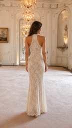 Back view of ivory high neck lace mermaid gown