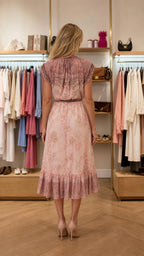 Back view of pink floral midi dress