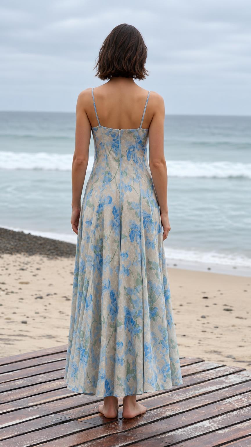 Back view of the cream floral maxi dress with slim shoulder straps