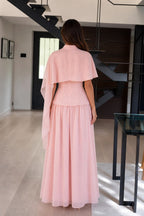 Elegance Cape Overlay Mock Neck Maxi Dress in Pink back view