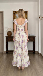Floral Print Ruffled Maxi Dress in Ivory back view
