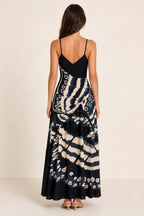 Womens black V-neck butterfly print maxi dress back view