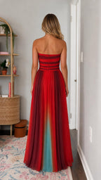 Back view of the red strapless maxi dress