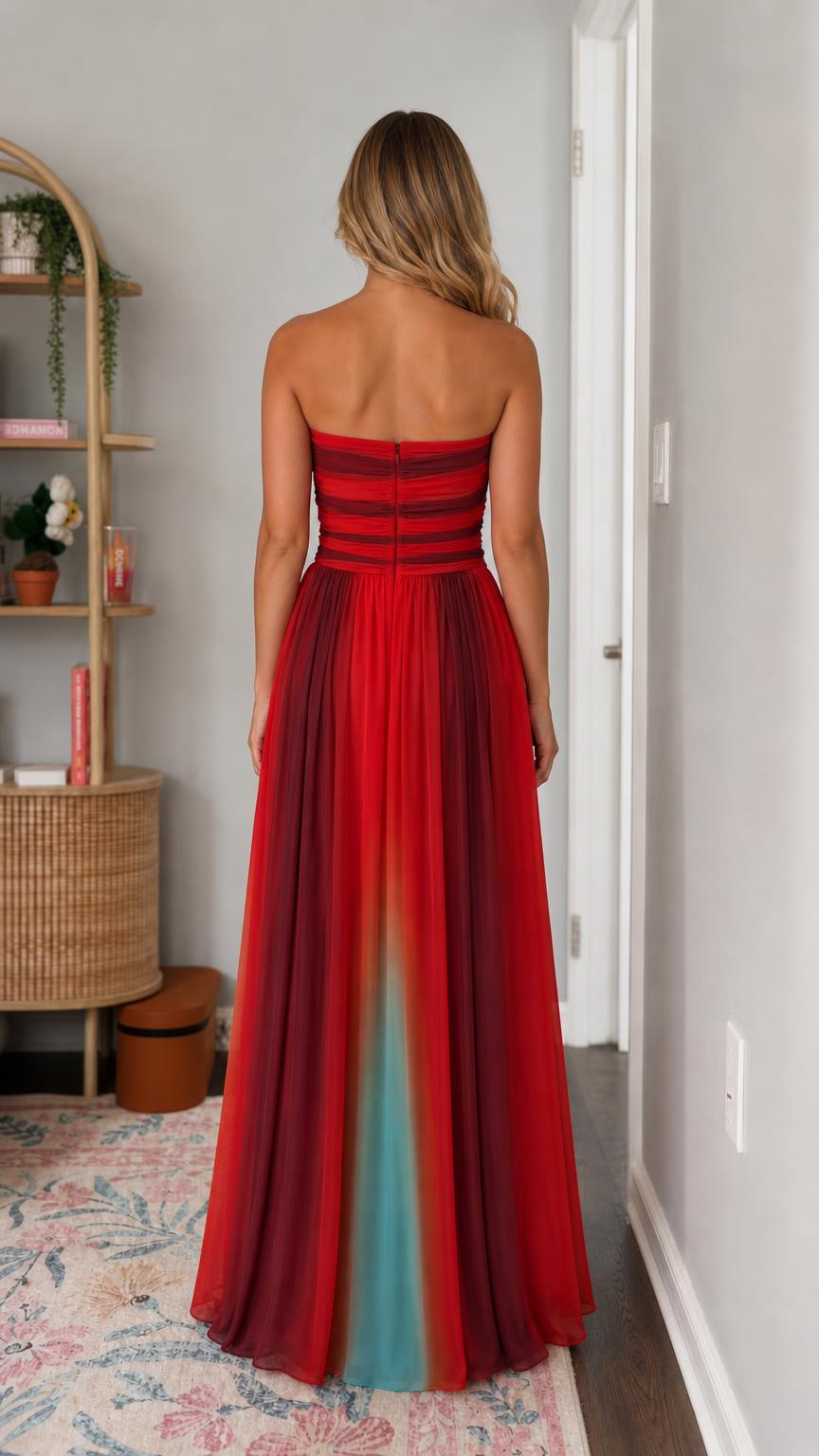 Back view of the red strapless maxi dress