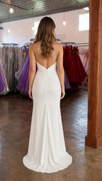 Back view of white evening dress with crystal straps