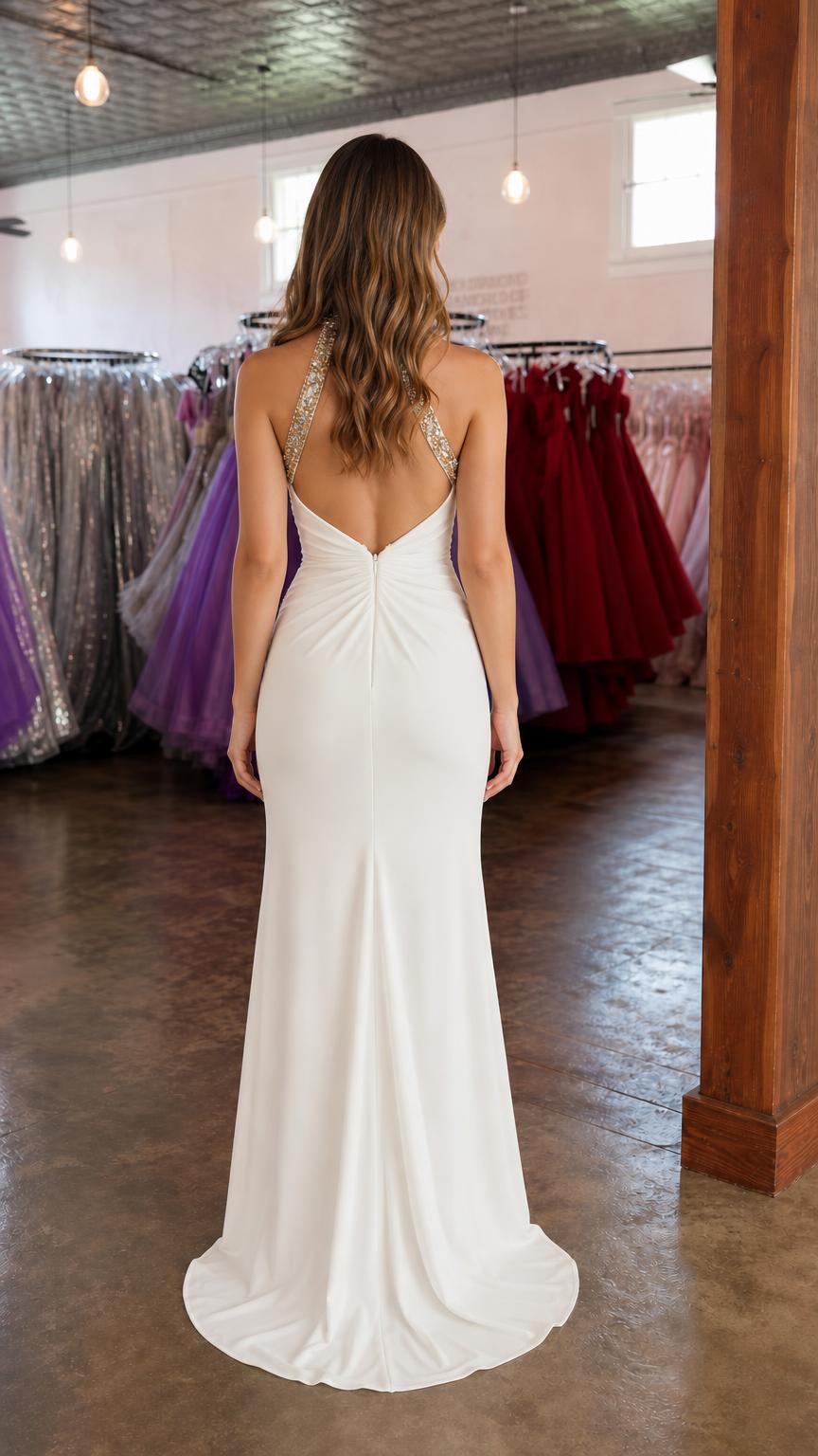 Back view of white evening dress with crystal straps