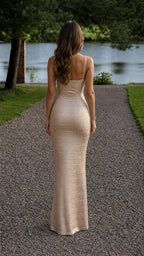 Back view of model in champagne slip dress