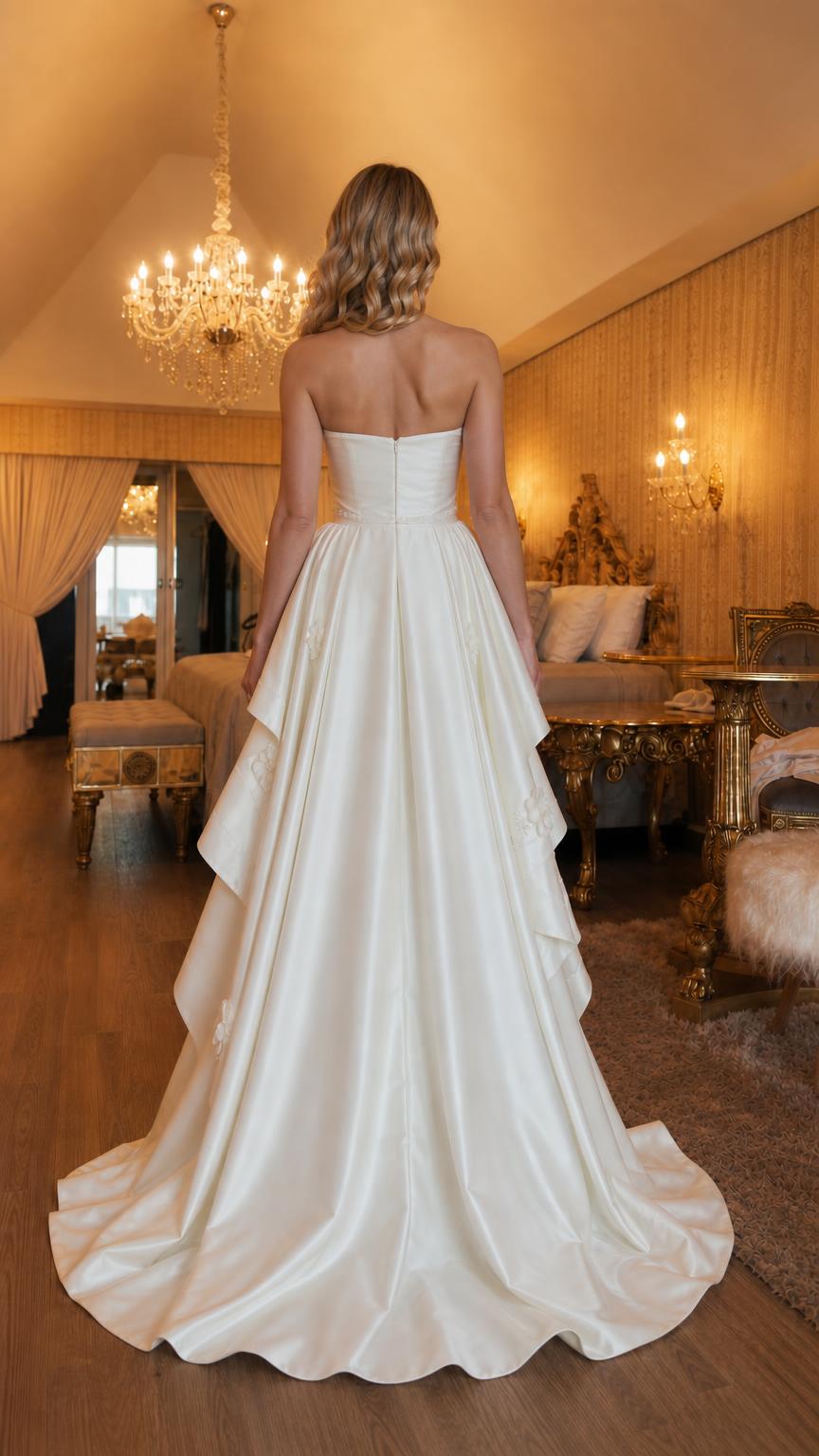 Back view of white evening gown showing train