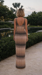 Back view of woman wearing beige chevron knit maxi dress