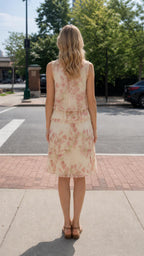Back view of woman wearing Cream floral tiered dress
