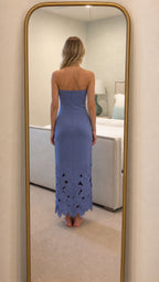 Back view of periwinkle strapless maxi dress