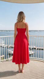 Back view of red midi dress with adjustable straps