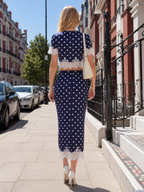 Navy polka dot lace-trim midi skirt set back view