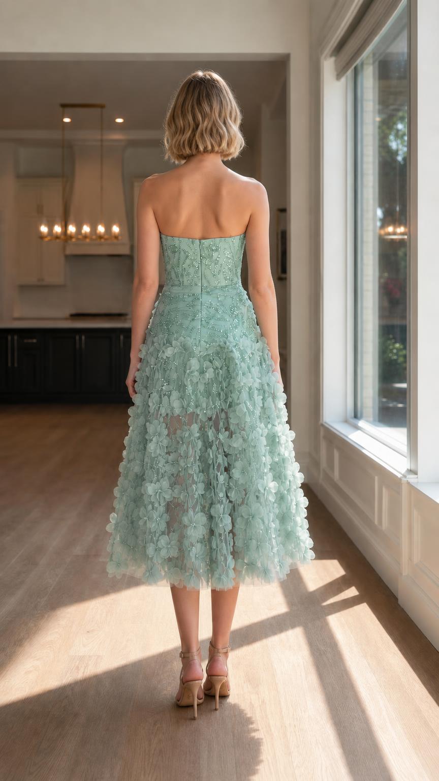 Back view of sage green strapless dress