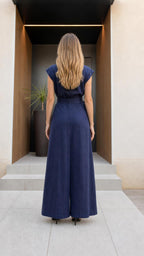 Back view of navy wide-leg jumpsuit