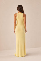 Back view of model wearing yellow maxi dress