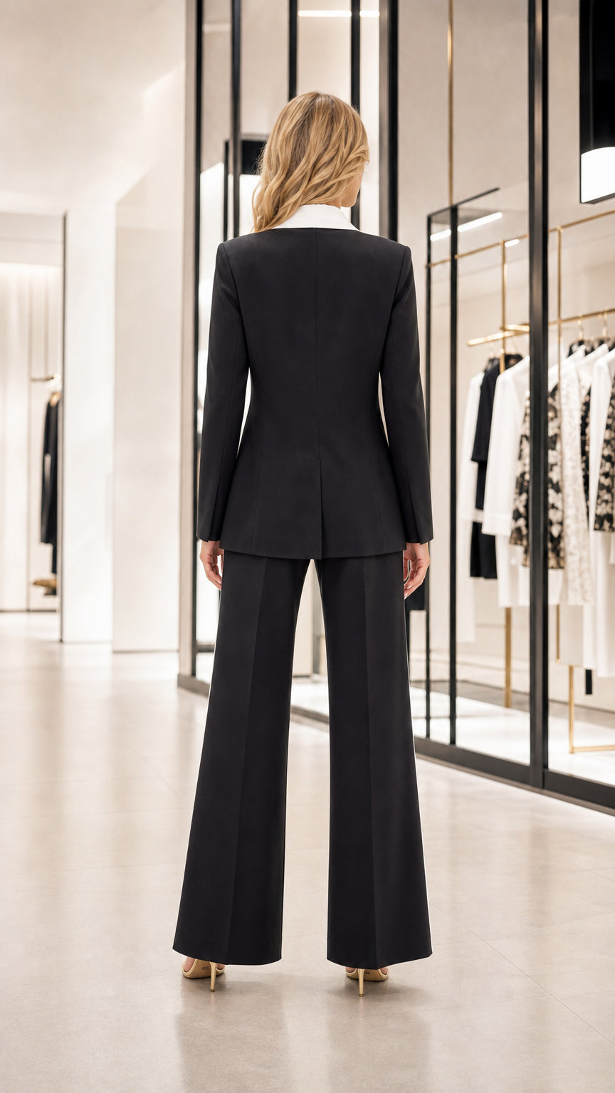 Back view of woman wearing black suit with wide leg trousers