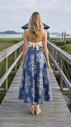 Back view of blue floral midi skirt showing back details