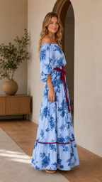 Sky blue off-shoulder floral maxi dress side view with contrast waist tie