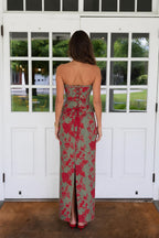 Floral Print Strapless Lace-Up Back Maxi Dress in Sage Green back view