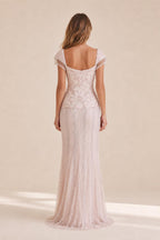 Back view of the blush evening gown