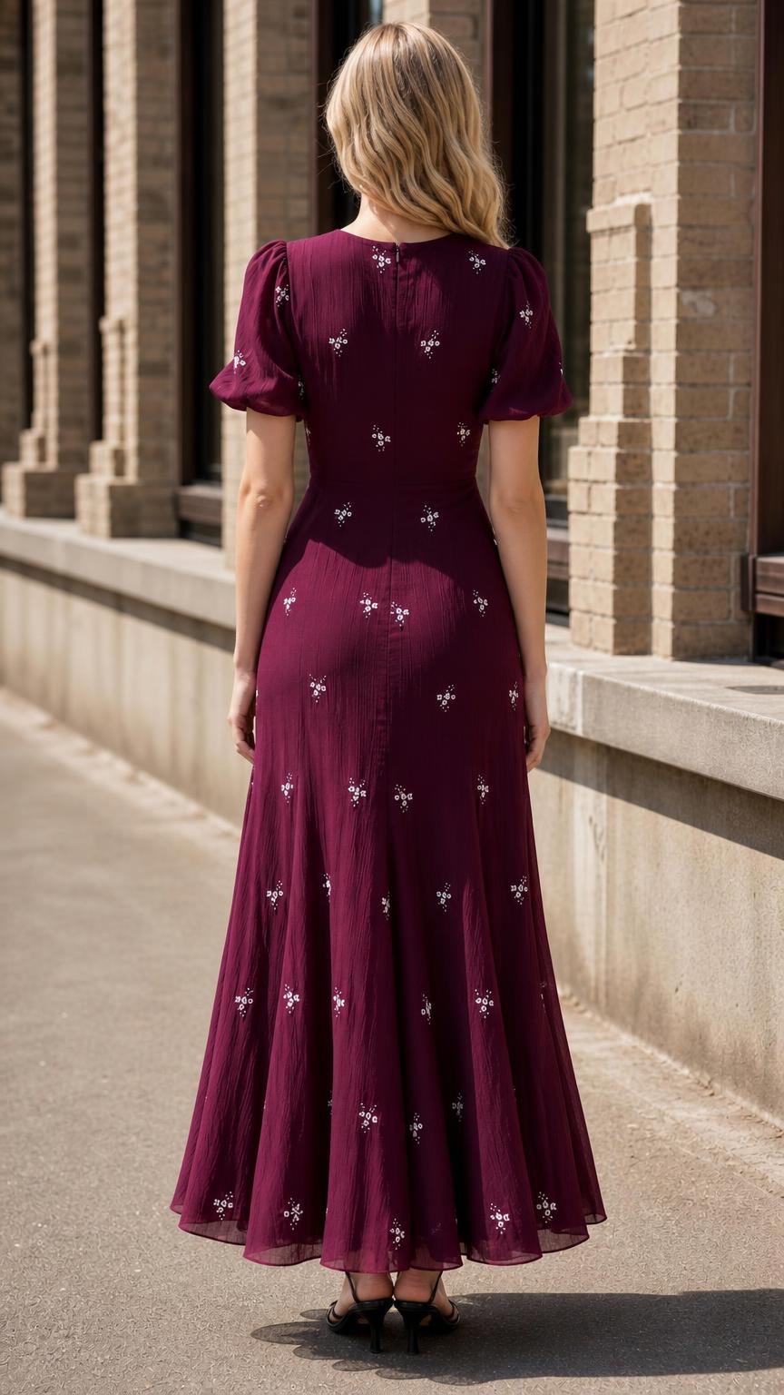 Back view of burgundy maxi dress