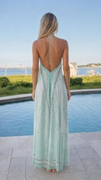 Back view of mint halter maxi dress