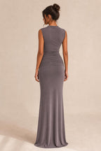 Back view of charcoal maxi dress