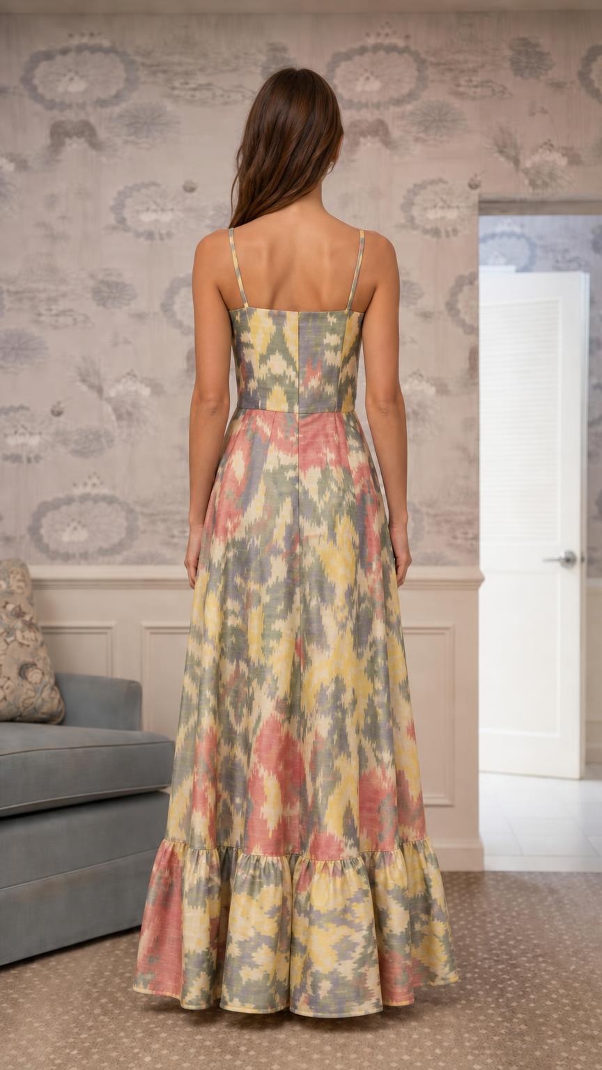 Back view of model showing back straps of multi-color maxi dress