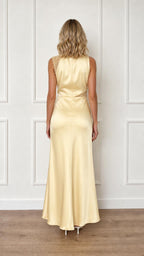 Back view of yellow satin maxi dress